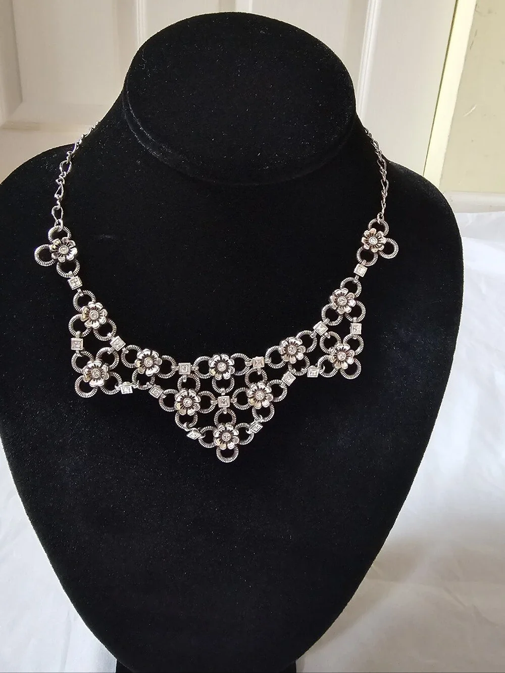 Brighton Joan of Arc Flower Crystal Bib Statement Necklace Silver Tone